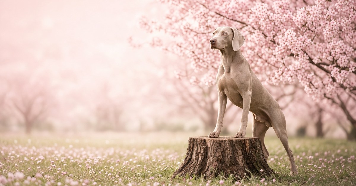 Fitness to Go – die kleine Übungseinheit auf dem täglichen Spaziergang 4 Weimaraner steht mit den Vorderpfoten auf einem Baumstumpf unter einem Kirschbaum