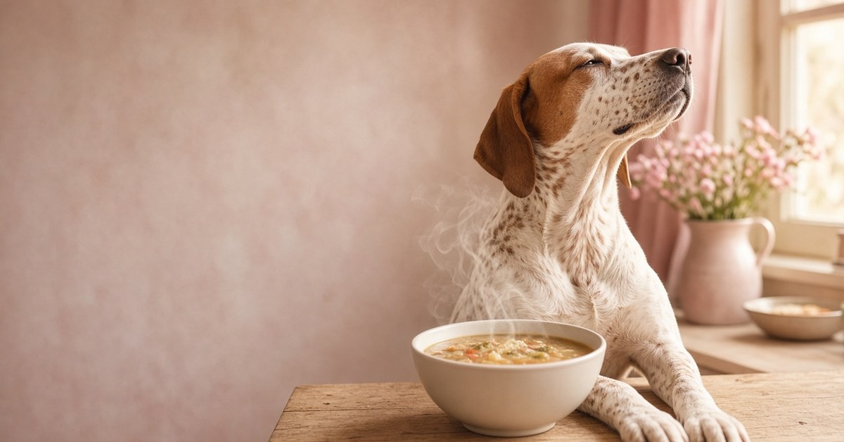Pointer dreht den Kopf von einer dampfenden Suppe weg