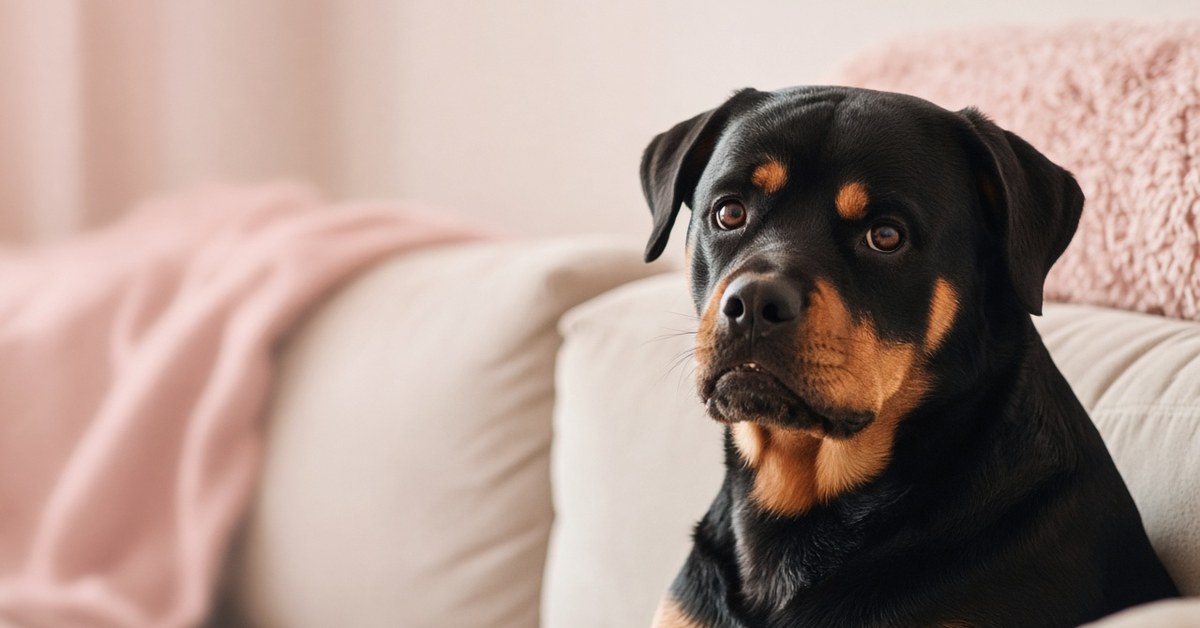 Rottweiler schaut ruhig, aber mit leicht warnendem Ausdruck von einem Sofa