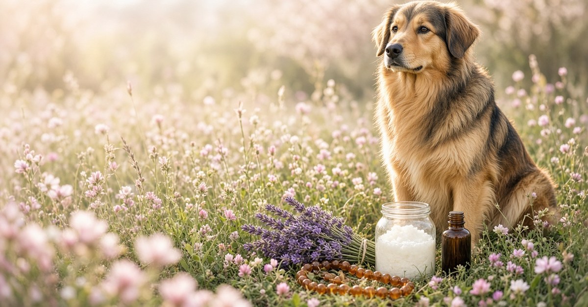 Natürliche Zeckenschutzmittel im Test 3 Hovawart in der Blumenwiese neben Kokosöl, Lavendel und Bernsteinkette