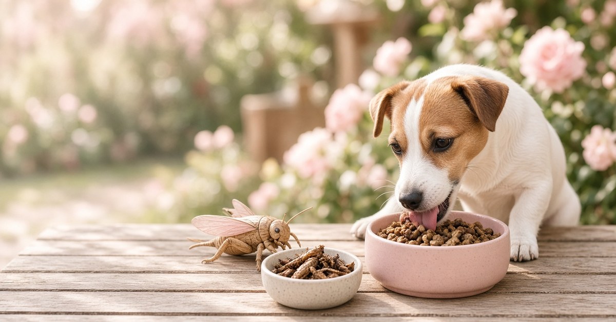 Jack Russell Terrier frisst aus einem Napf, daneben eine Grille aus Holz und Insektenfutter