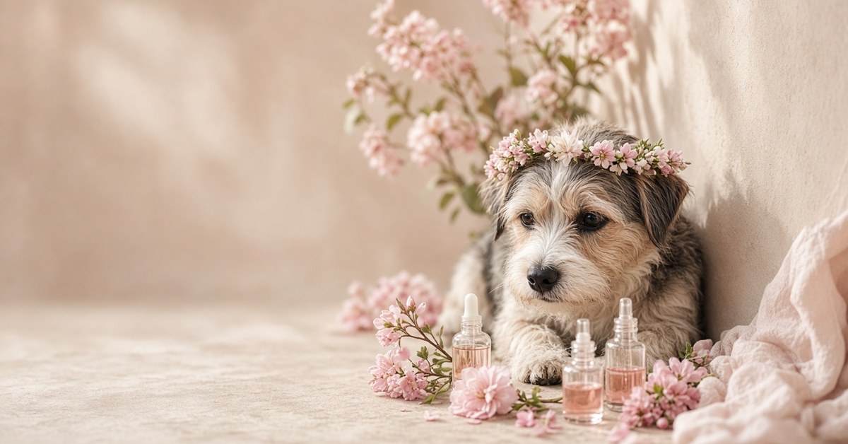Scheuer Terriermix mit Blumenkranz neben kleinen Fläschchen mit Blütenessenzen
