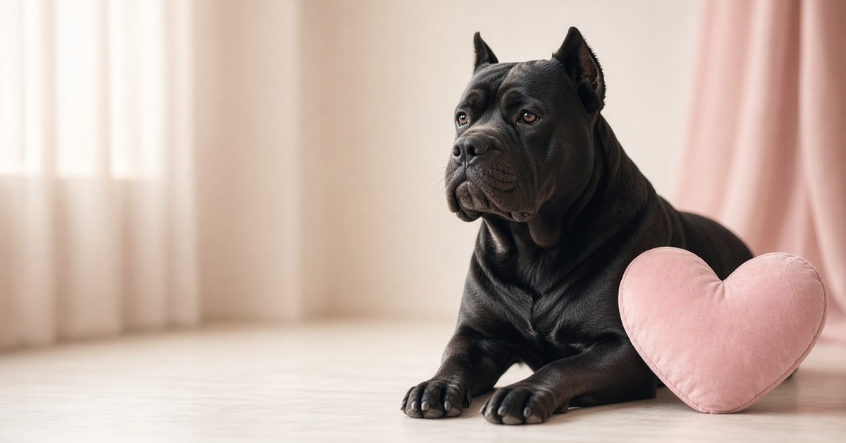 Warum ich mich in einen Listenhund verliebt habe – Teil 1 12 Schwarzer Cane Corso liegt neben einem rosa Herzkissen auf hellem Boden