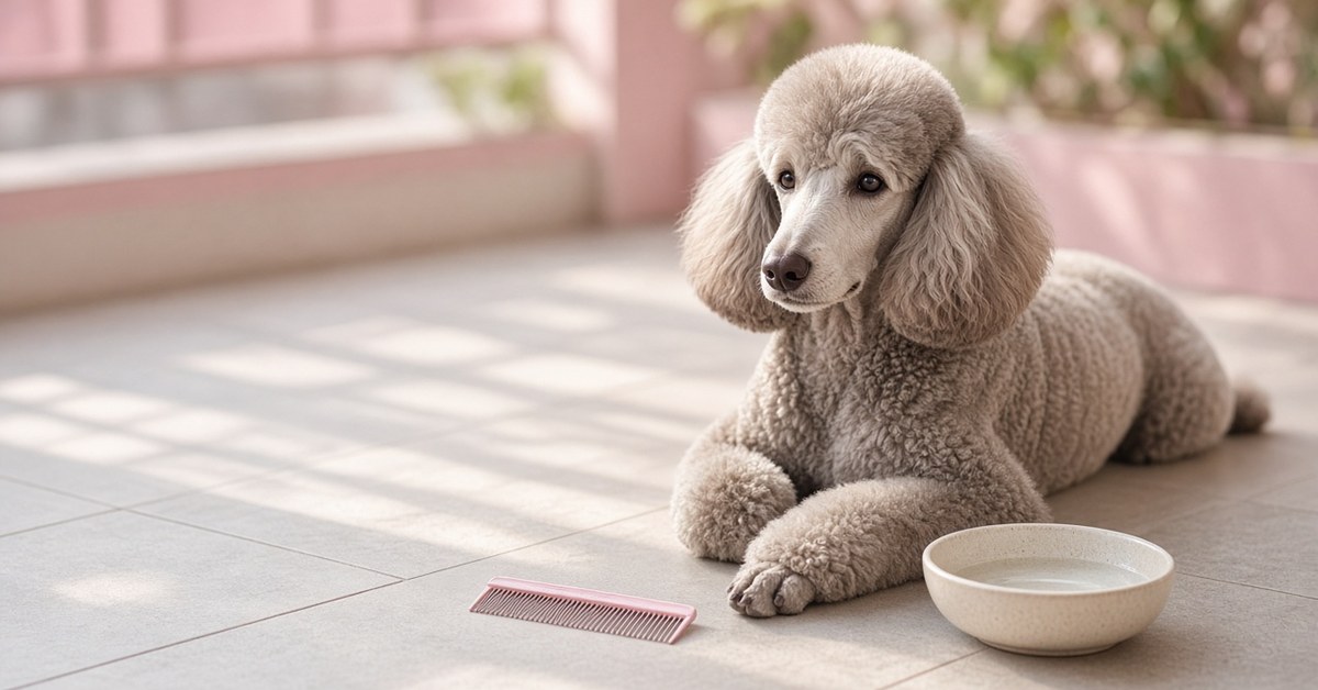 Sommerschur - eignet sich dein Hund dafür? 2 Pudel mit kurzem Sommerschnitt liegt auf kühlen Fliesen neben Wassernapf und Kamm