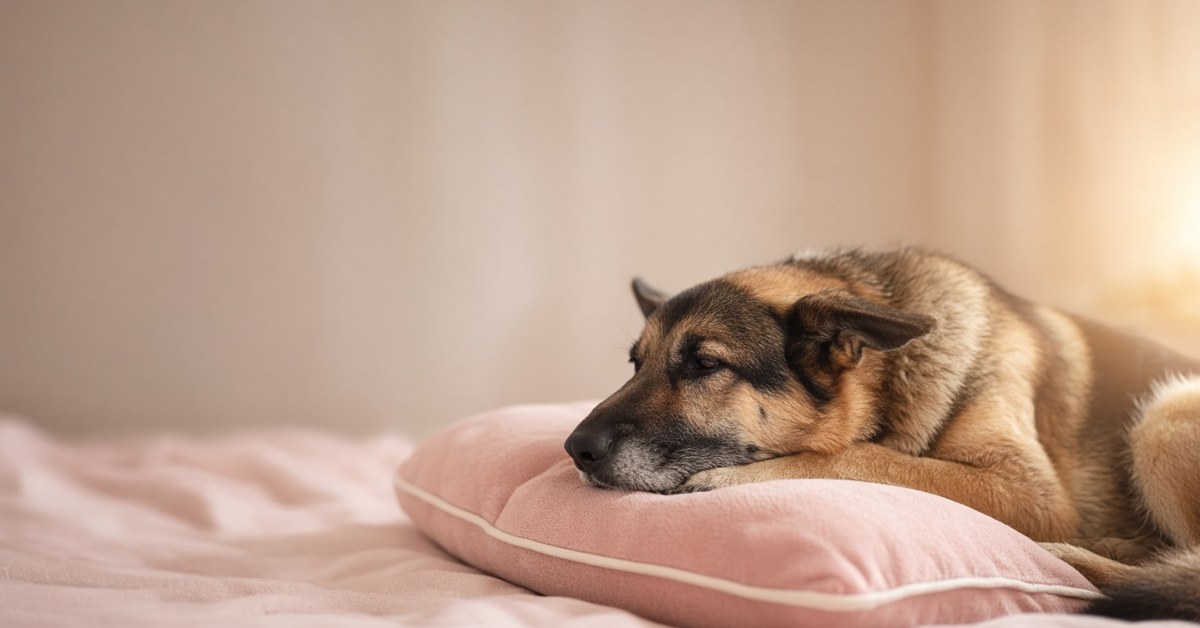 Hilft Goldakupunktur bei Hüftgelenksdysplasie (HD)? 1 Älterer Schäferhund ruht auf einem rosa Kissen im warmen goldenen Licht
