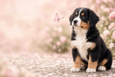 Berner-Sennenhund-Welpe sitzt brav auf dem Gartenweg, ein rosa Schmetterling fliegt vorbei