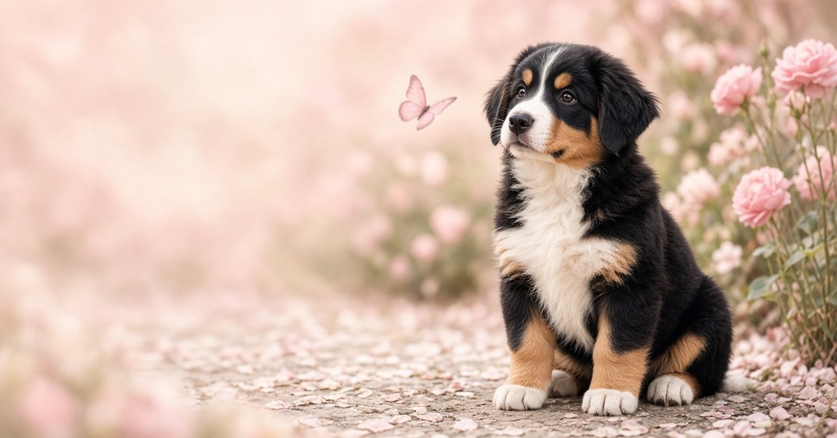 5 Tipps wie du deinem Hund das Anspringen abgewöhnst 4 Berner-Sennenhund-Welpe sitzt brav auf dem Gartenweg, ein rosa Schmetterling fliegt vorbei