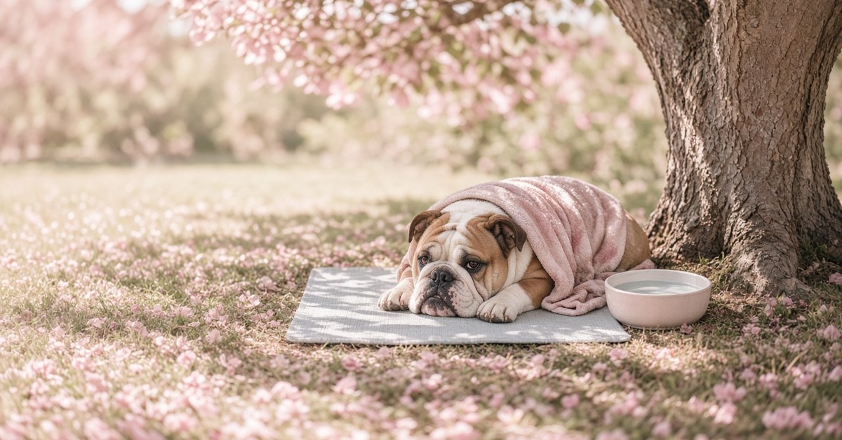 Bulldogge liegt unter einem Baum auf einer Kühlmatte mit nassem Handtuch und Wasser