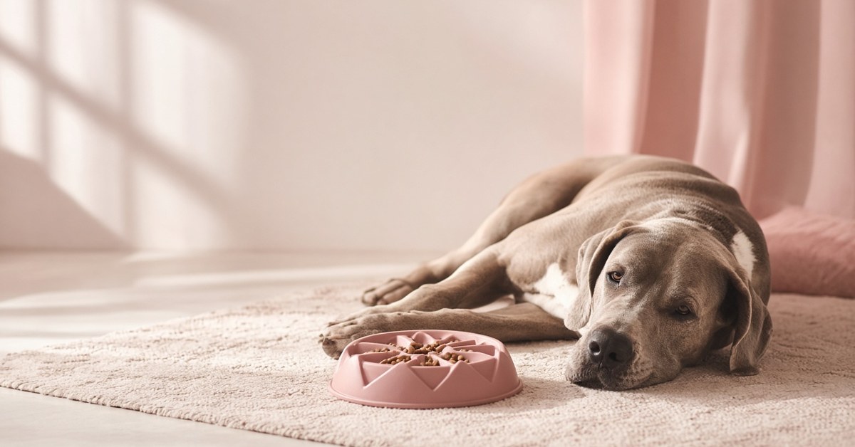 Dogge ruht entspannt auf einem Teppich neben einem Anti-Schling-Napf