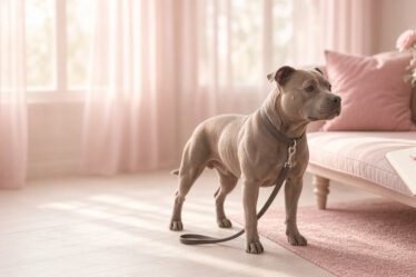 Angespannter Staffordshire-Typ steht in einem hellen Zimmer, daneben Notizbuch und Stift