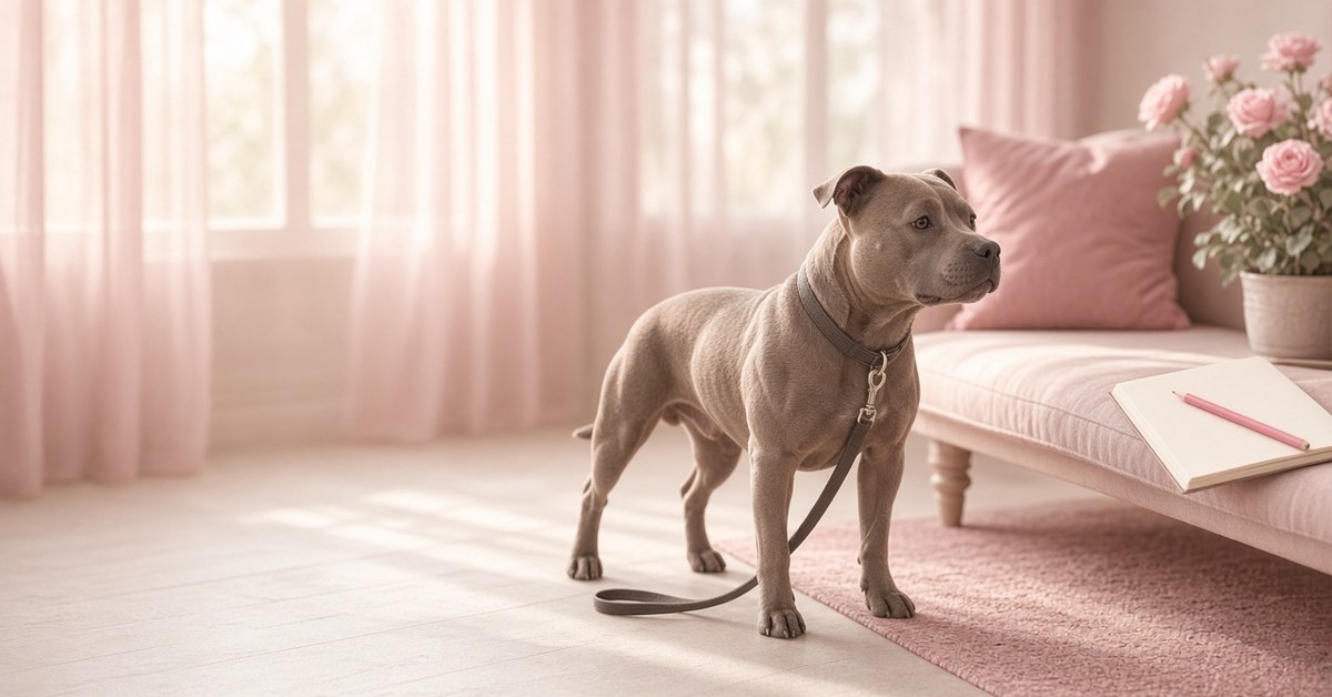 Angespannter Staffordshire-Typ steht in einem hellen Zimmer, daneben Notizbuch und Stift
