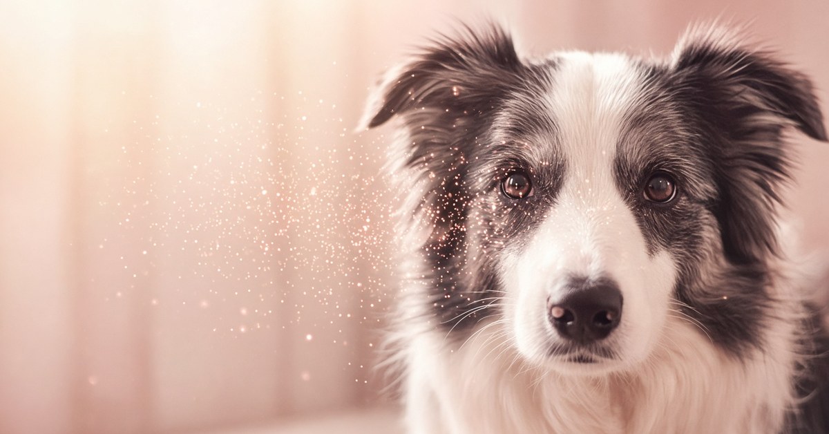 Border Collie schaut ruhig in die Kamera, zwischen den Augen funkeln Lichtpunkte