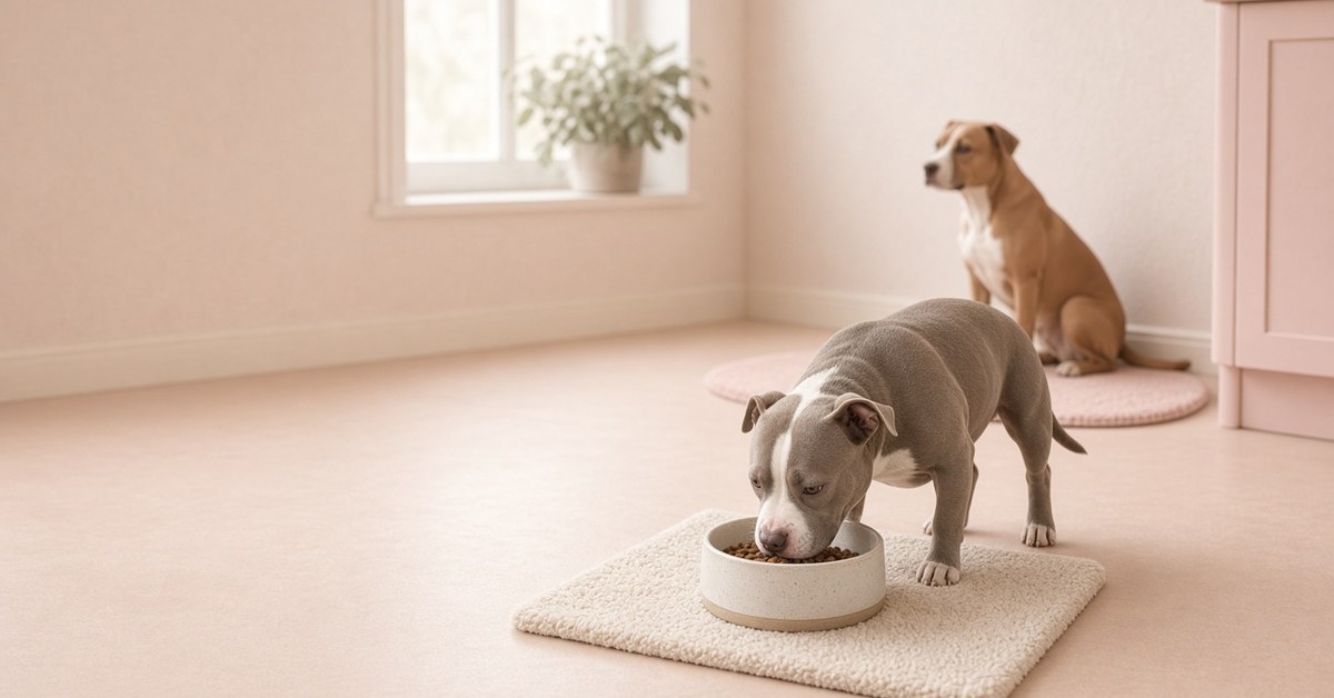 Hund frisst entspannt am Napf, ein zweiter wartet geduldig auf einer Matte