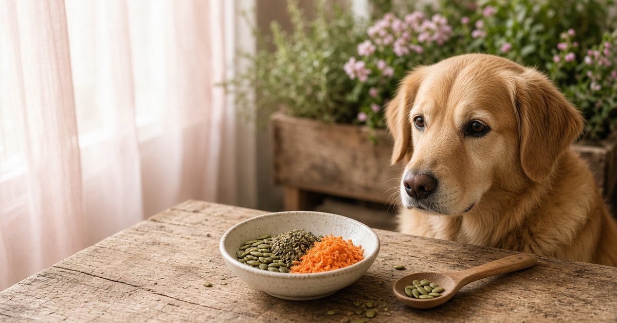 Hund schaut auf eine Schale mit Kürbiskernen, Kräutern und Karotte