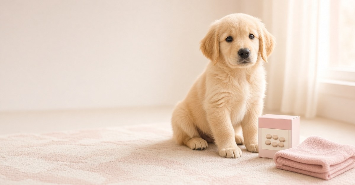 Golden-Retriever-Welpe sitzt neben einer Tablettenbox und einem Handtuch