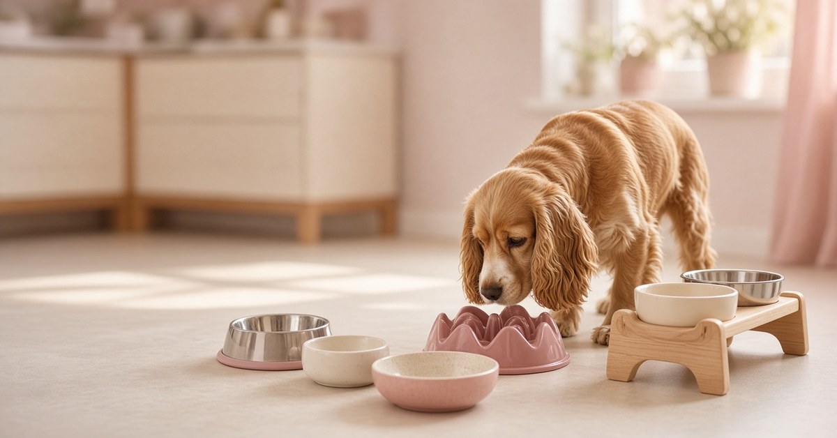 Cocker Spaniel schnuppert an verschiedenen Hundenäpfen auf dem Küchenboden