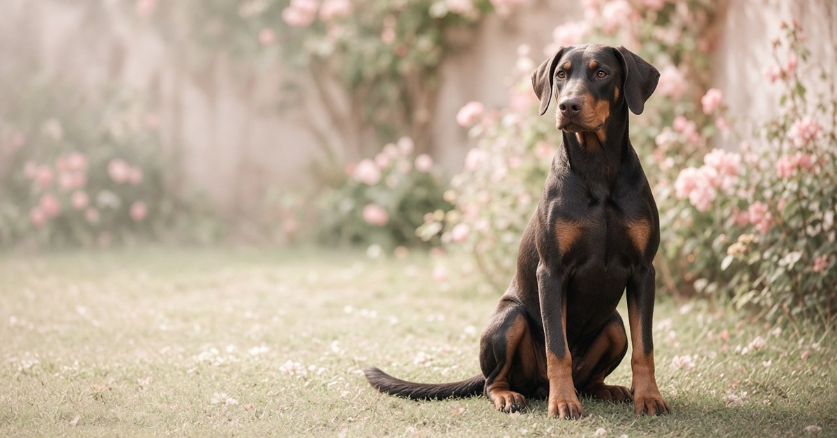 Dobermann mit natürlichen Ohren und Rute sitzt in einem Garten
