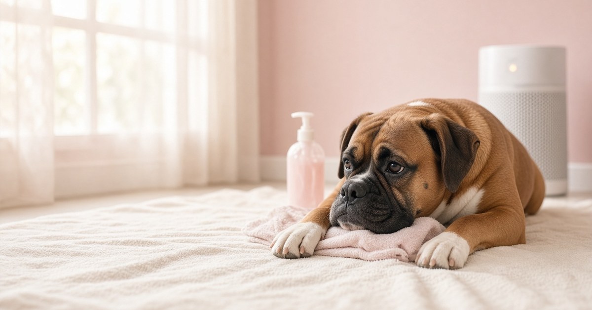 Boxer liegt auf einer frisch gewaschenen Decke neben Shampoo und Luftreiniger