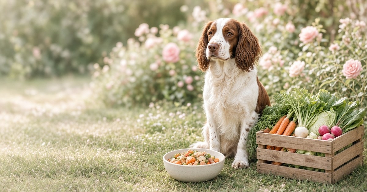 Spaniel sitzt neben Napf mit Hausmannskost und einer Kiste Gartengemüse