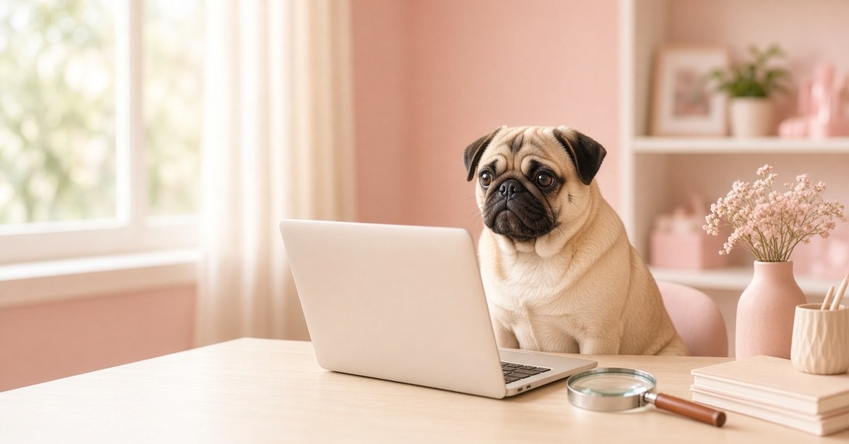 Suchbegriffe, die zum Lieblingsrudel führten 3 Mops sitzt vor einem Laptop mit Lupe am Schreibtisch