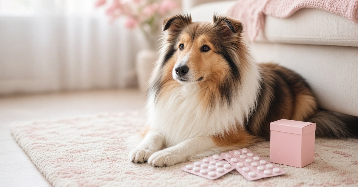Collie liegt neben Tablettenblistern und einer rosa Medikamentenbox
