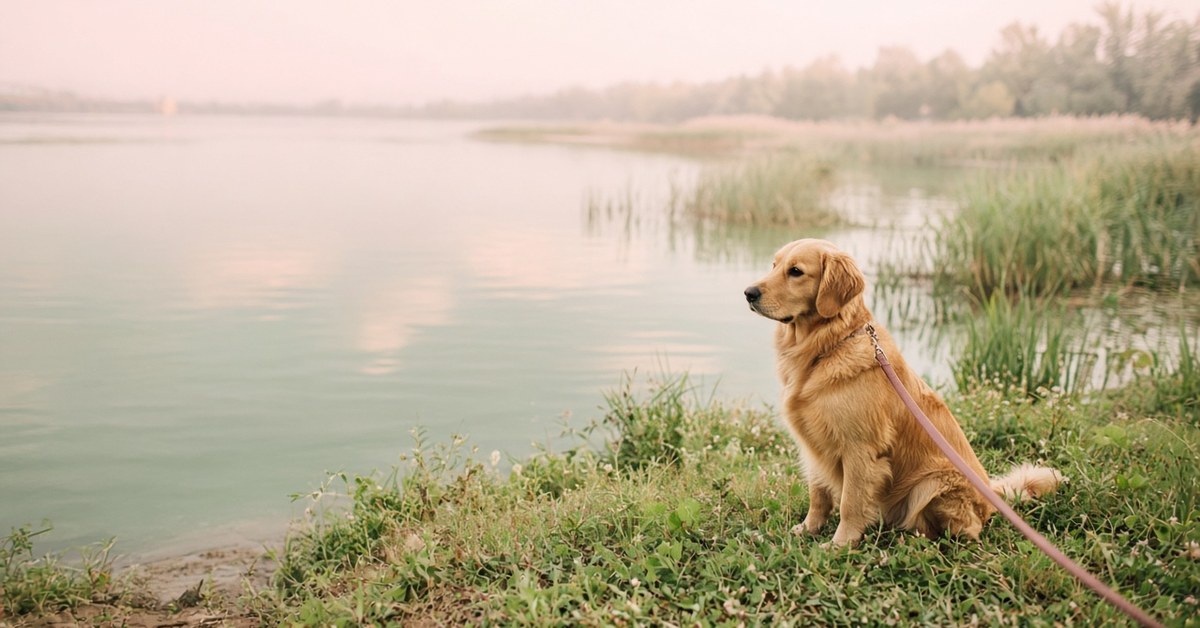 Golden Retriever sitzt angeleint am Ufer eines ruhigen Sees
