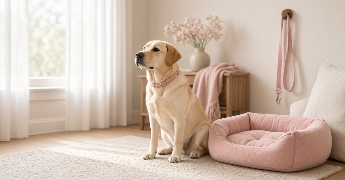 Labrador sitzt neben einem leeren zweiten Hundebett und einer zweiten Leine