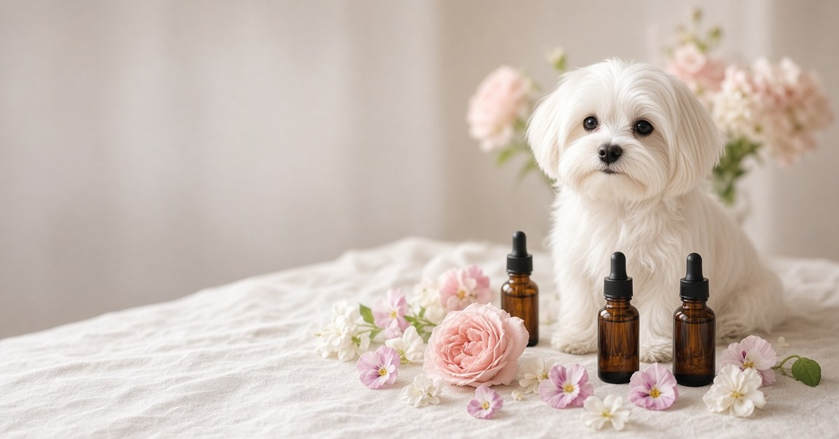 Malteser sitzt zwischen Tropffläschchen und essbaren Blüten