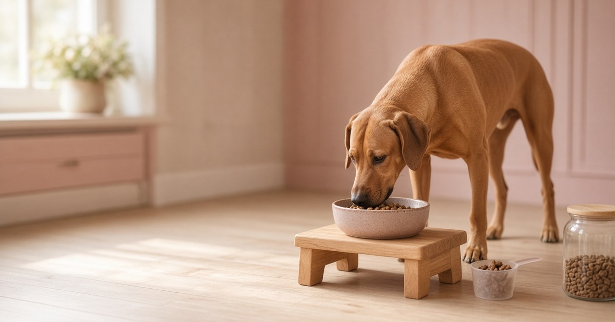 Rhodesian Ridgeback frisst aus einem Napf auf einem Holzständer