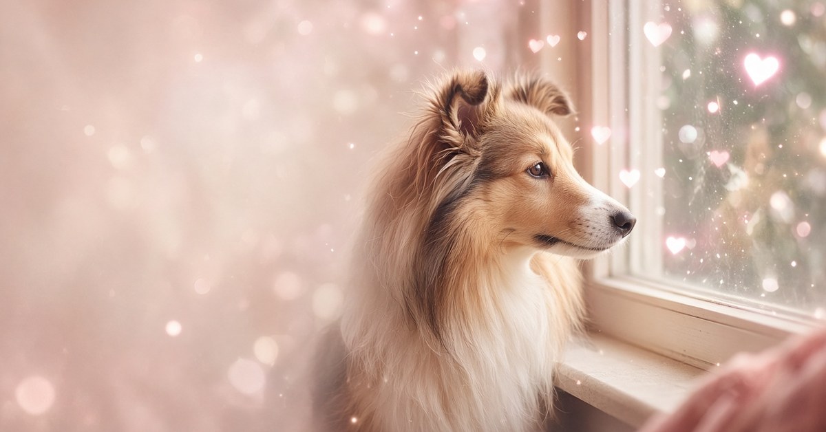 Sheltie sitzt am Fenster in funkelndem Licht mit kleinen Herzen
