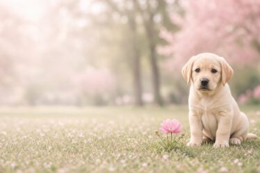 Sanfter Labrador-Welpe sitzt in einem Park vor einer rosa Blume