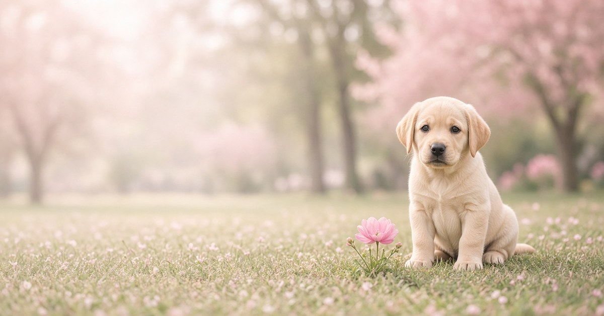 Sanfter Labrador-Welpe sitzt in einem Park vor einer rosa Blume