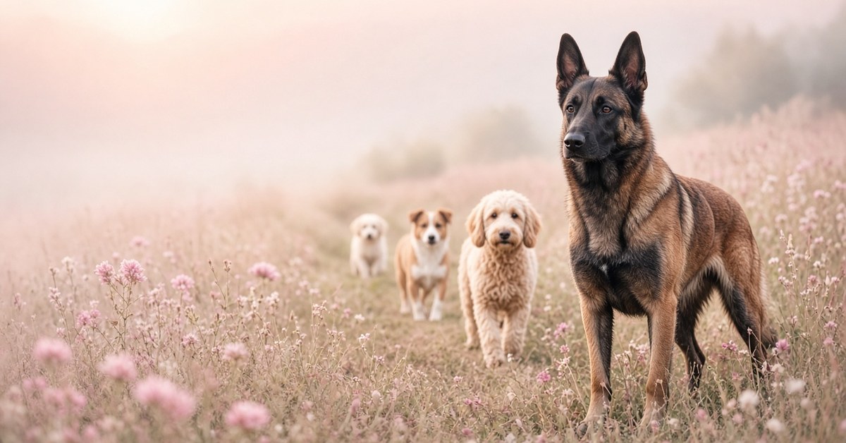 Bist du ein guter Rudelchef? 3 Ruhiger Malinois steht vor drei Hunden, die ihm friedlich folgen