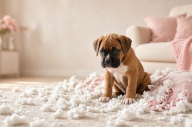 Boxer-Welpe sitzt zwischen Füllwatte eines zerfetzten rosa Kissens im Wohnzimmer