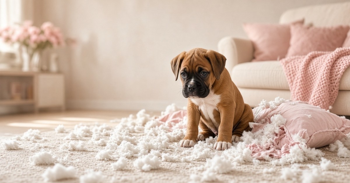 Boxer-Welpe sitzt zwischen Füllwatte eines zerfetzten rosa Kissens im Wohnzimmer
