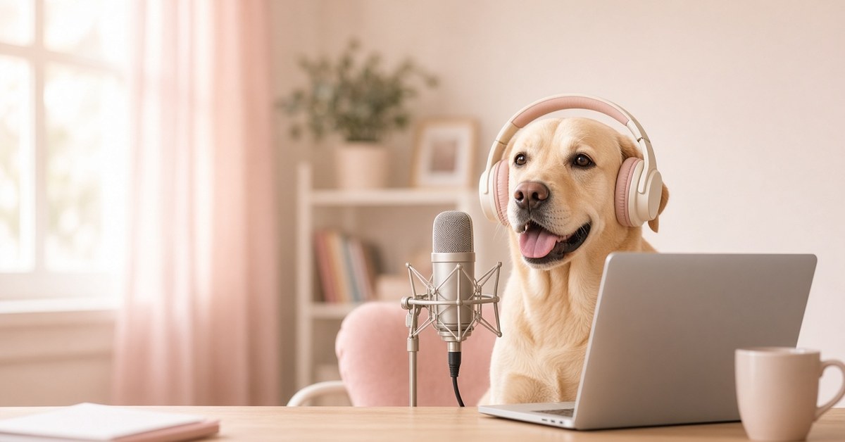 Labrador mit Kopfhörern sitzt vor Mikrofon und Laptop am Schreibtisch