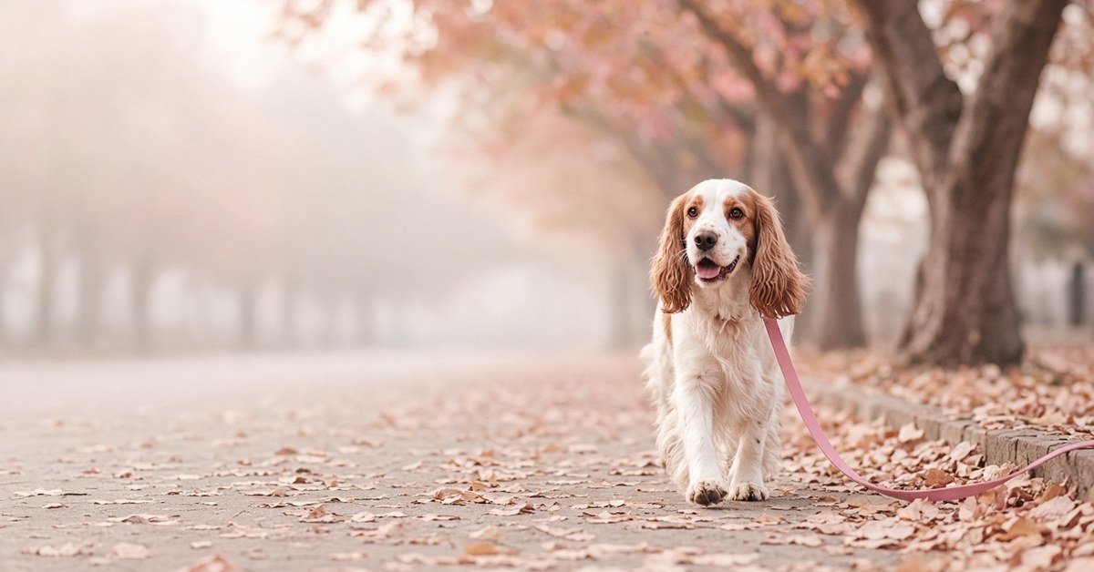 Leinenführigkeit - ein hoffnungsloser Fall? 1 Spaniel läuft an lockerer rosa Leine eine Herbstallee entlang