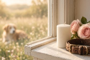Kerze, rosa Rosen und ein altes Halsband auf der Fensterbank, draußen ruht ein Hund in der Wiese