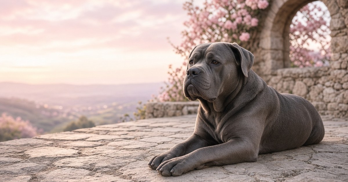 Cane Corso Italiano – Die Abrechnung 6 Grauer Cane Corso liegt auf einer Steinterrasse im rosa Abendlicht