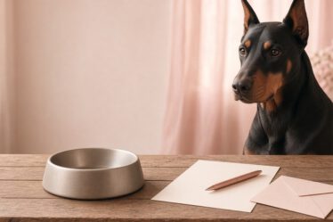 Dobermann sitzt hinter einem leeren Napf neben Briefpapier, Stift und Umschlag