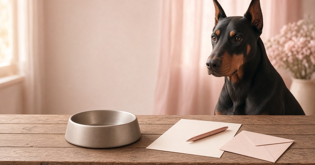 Dobermann sitzt hinter einem leeren Napf neben Briefpapier, Stift und Umschlag