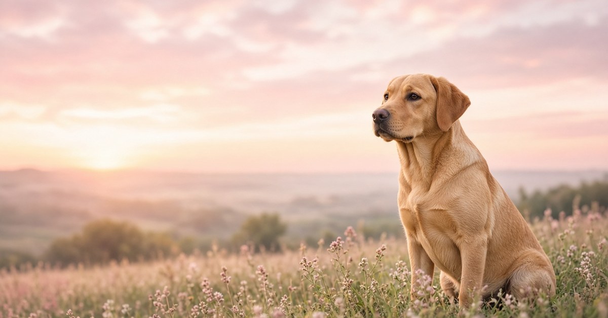 Junger Labrador sitzt nachdenklich am Wiesenrand im Abendrot
