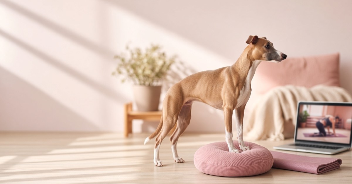 Schlanker Whippet balanciert mit den Vorderpfoten auf einem rosa Kissen neben Yogamatte und Laptop