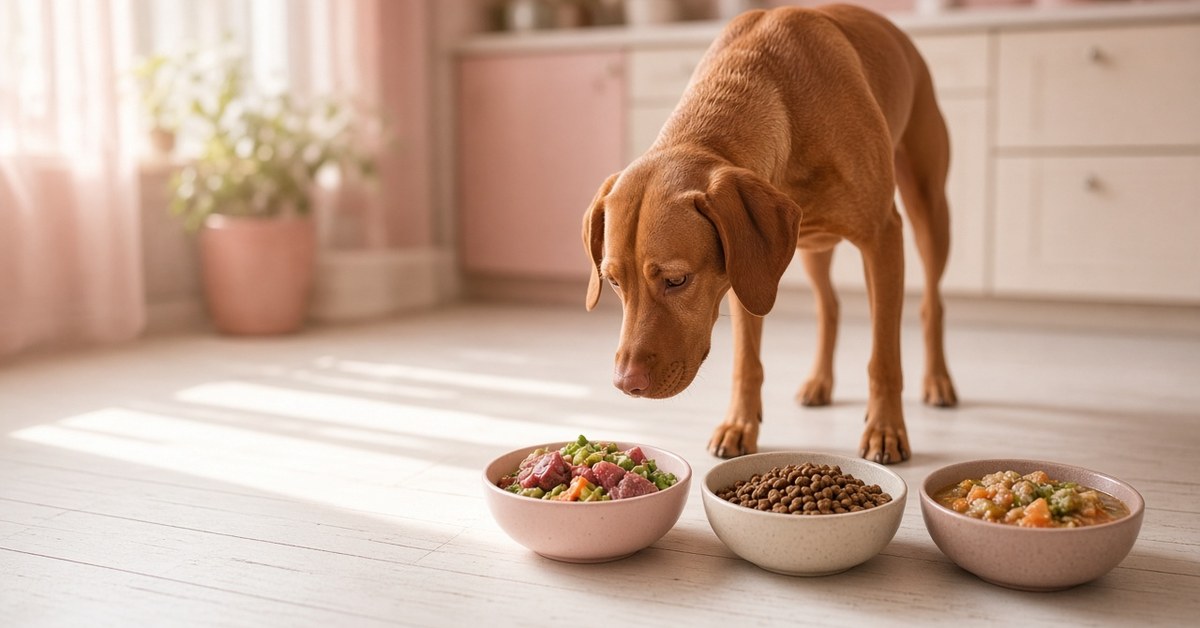 Vizsla steht vor drei Näpfen mit rohem Fleisch, Trockenfutter und gekochtem Eintopf