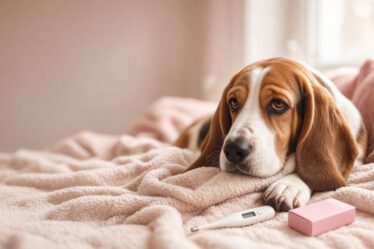 Basset Hound liegt krank auf einer Decke neben Fieberthermometer und Medizinbox