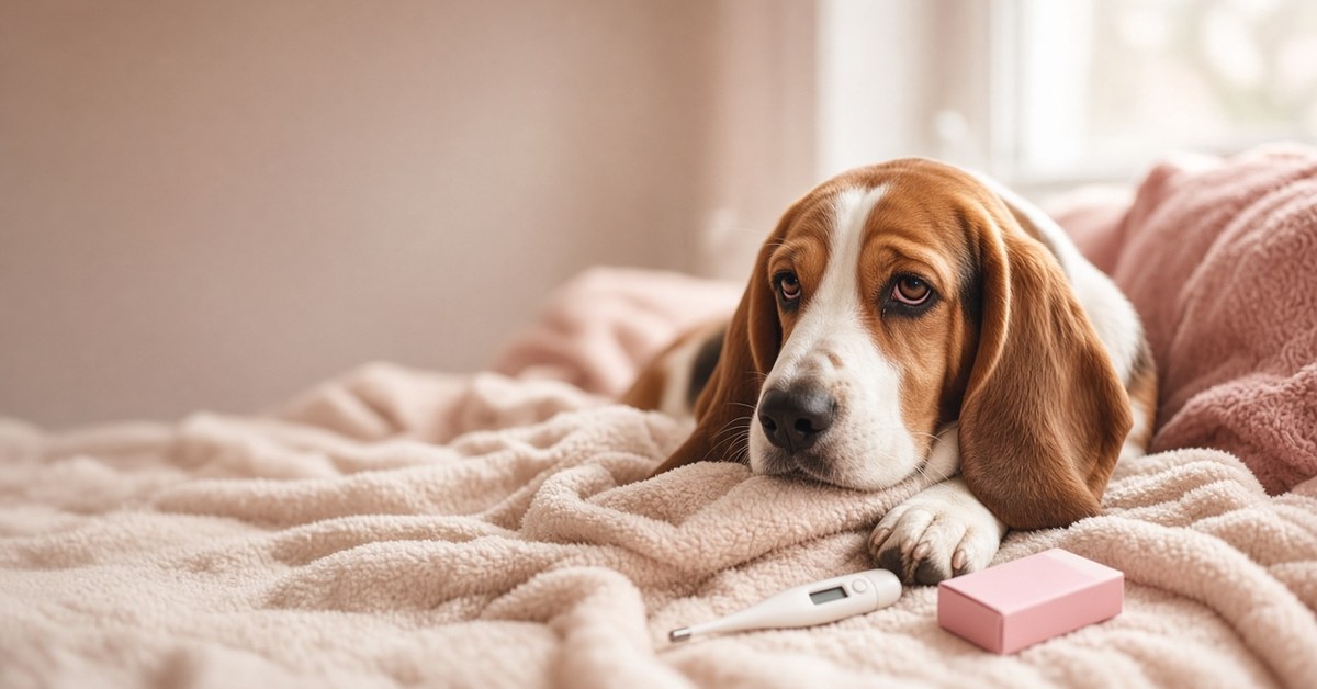 Basset Hound liegt krank auf einer Decke neben Fieberthermometer und Medizinbox
