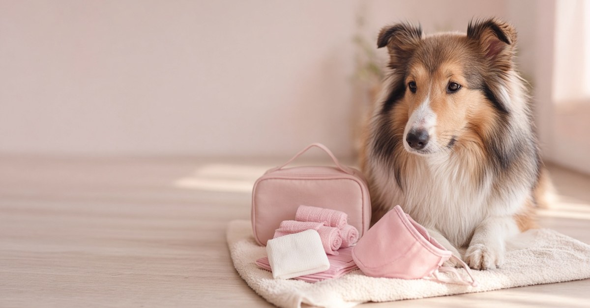 Collie sitzt neben Erste-Hilfe-Tasche, Verbandmaterial und Maulkorb auf einem Handtuch
