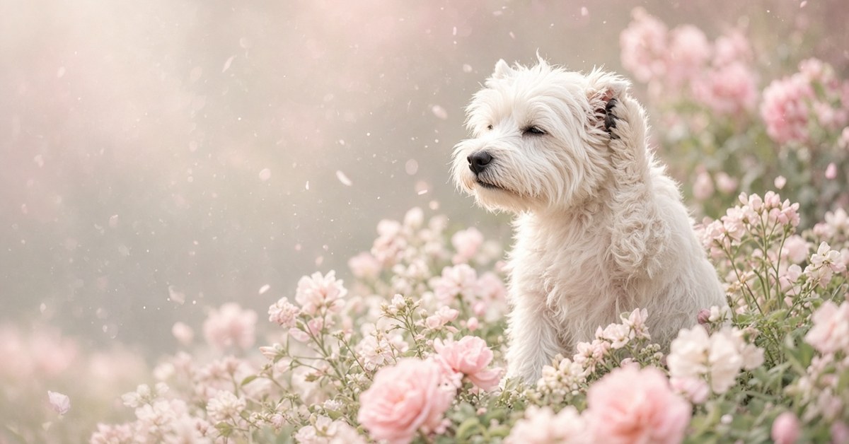 Weißer Terrier kratzt sich am Ohr in einer blühenden Frühlingswiese