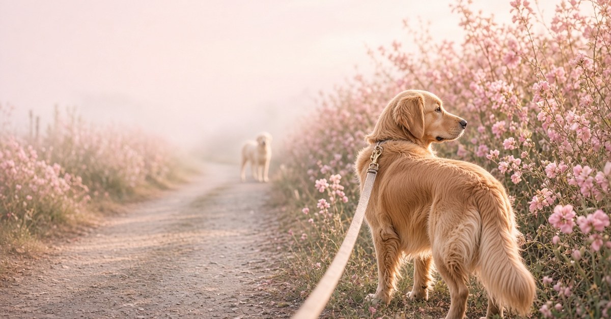 Golden Retriever an der Leine blickt auf einem Weg zu einem fernen fremden Hund