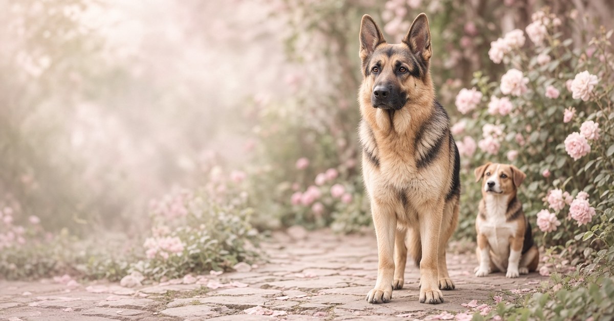 Selbstbewusster Deutscher Schäferhund steht auf einem Gartenweg, ein kleiner Hund sitzt daneben